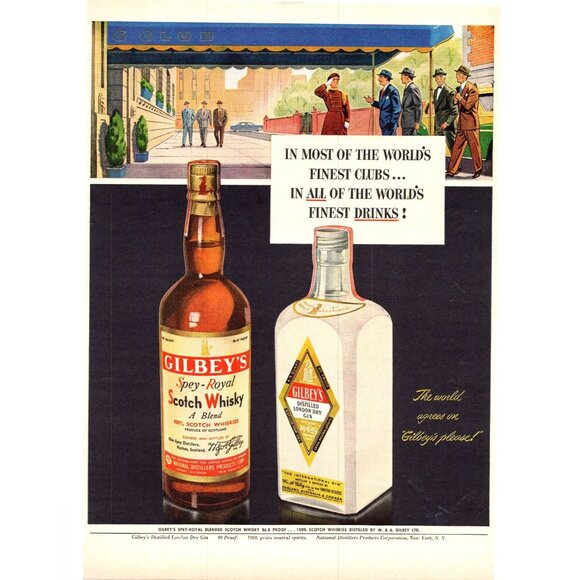 1950 Gilbey's Liqour Scotch and Gin Vintage Print Ad Men's Club Bar 50s Wall Art - Picture 1 of 2